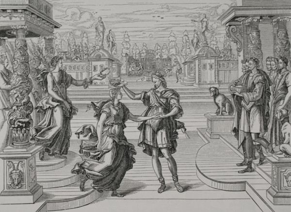 Esther and King Ahasuerus. Coronation of Esther. Engraving after a woodcut by Jean Coussin