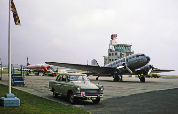 Morris Oxford car, Douglas DC3 plane of Strathair Airways, Vickers Viscount 701 plane of Cambrian