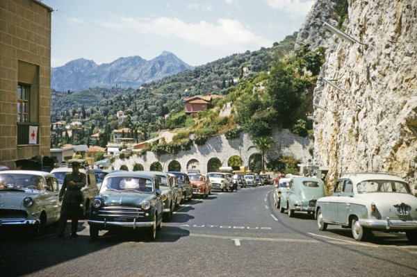 Border crossing on frontier of France and Italy, Ponte de Luigi, Italy 1959.