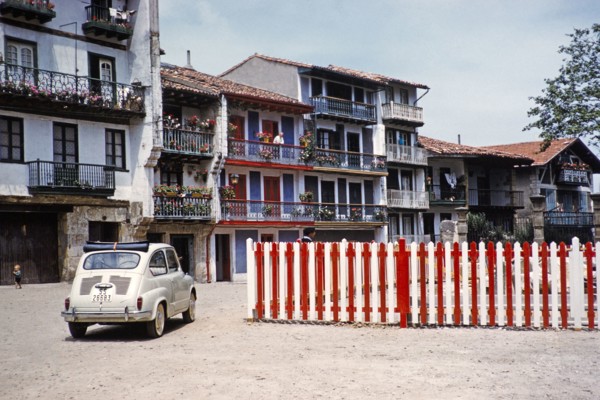 Fiat 600D car in historic area of Hondarribia or Fuenterrabia, Basque country, northern Spain, 1959
