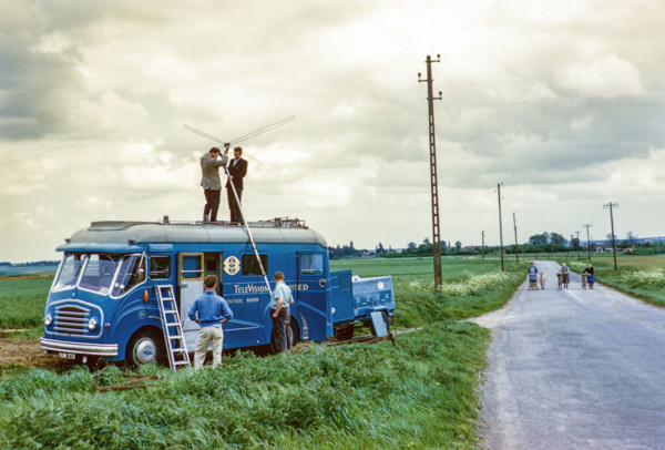 ATV television ITV company outside broadcast vehicle, erecting television antenna aerial on top of