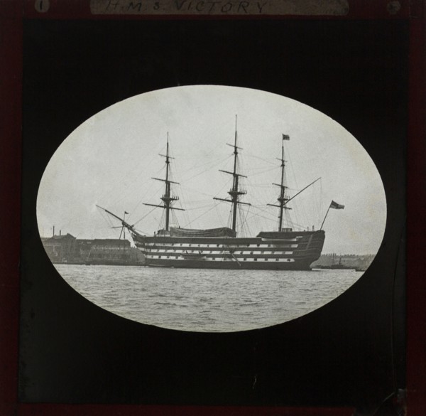 HMS Victory photographed c 1900, presumably at Portsmouth harbour, England, UK.