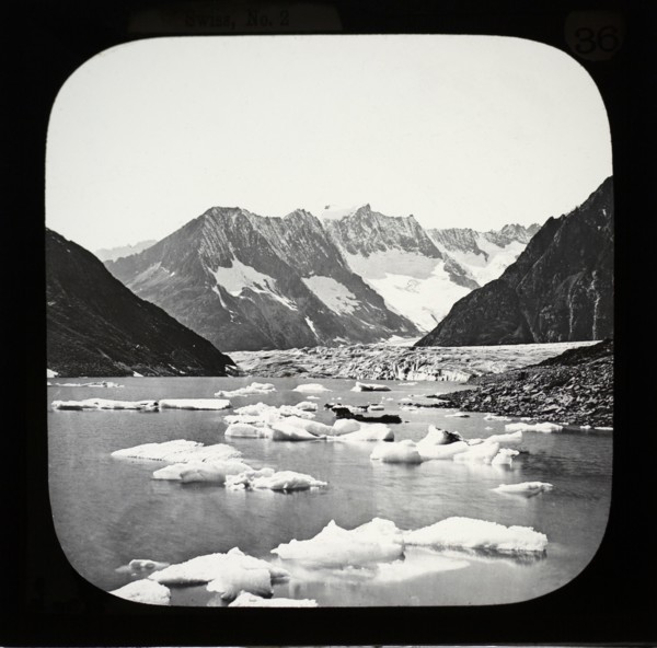 Magic lantern slide of Alpine glacier in Switzerland Le lac de Märjele, Aletschhorn, Märjele Lake,