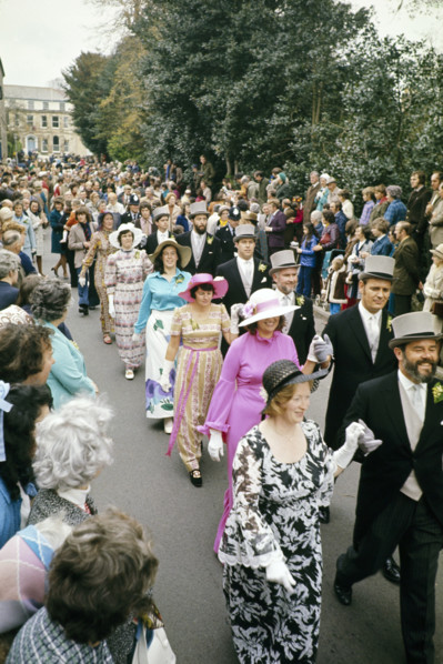 Flora Day, Helston, Cornwall, England, UK 1973 - crowds watch couples perform the  Furry dance in