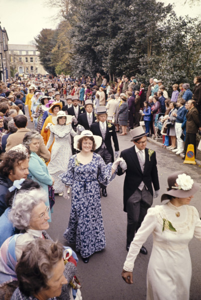 Flora Day, Helston, Cornwall, England, UK 1973 - crowds watch couples perform the  Furry dance in