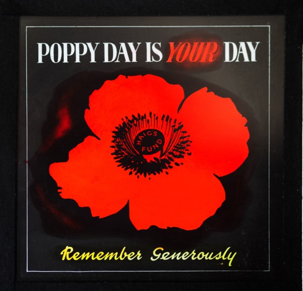 Magic lantern slide used in cinemas for advertising about the Haig's Fund poppy day appeal, UK c
