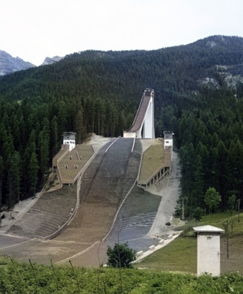 Olympic ski-jump Cortina d' Ampezzo, Italy, Europe, c 1956 colorised Ektachrome slide.