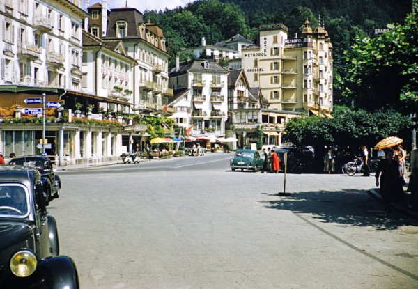 Hotels and historic buildings in Brunnen,  Ingenbohl, Lake Lucerne, Switzerland, Europe, 1950s.