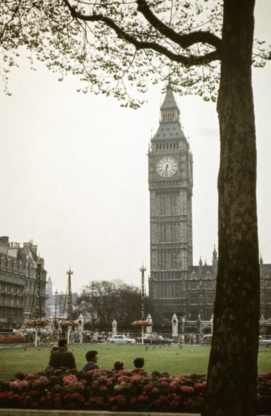 Big Ben - maypoles for Royal Wedding celebrations - London, England, UK June 1960.