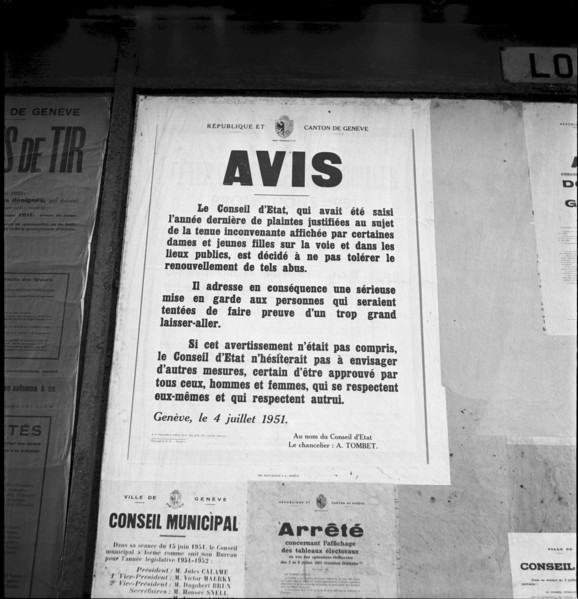 Official notification by Geneva cantonal government concerning indecorous clothing of women and
