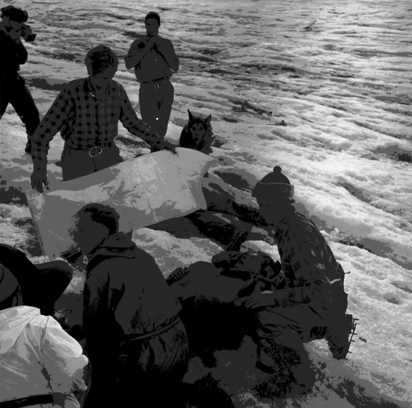Crash of a REGA plane, wreckage upon a glacier 1957