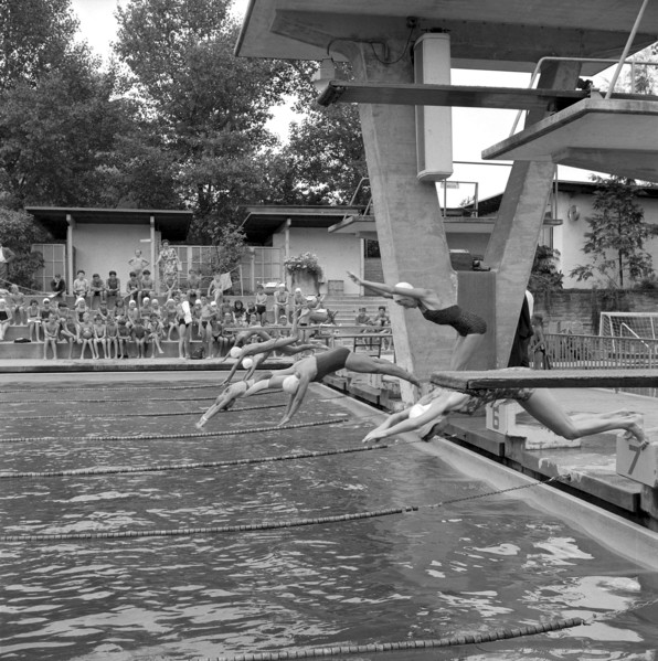 Zurich, gilrs taking a header during swimming lesson in a open air bath 1956