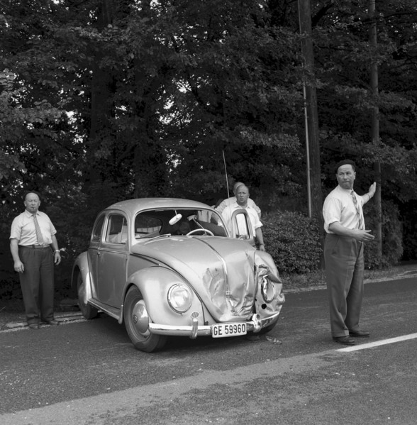 Car, hood dameged in an accident near Gruyere 1959