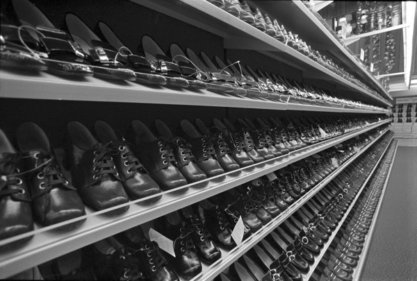 Shopping Center Balexert, shelve with shoes, Geneva 1971