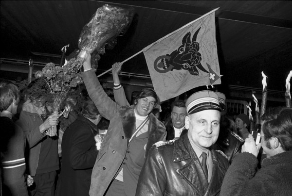Reception for downhill world champion Bernhard Russi, Andermatt 1970