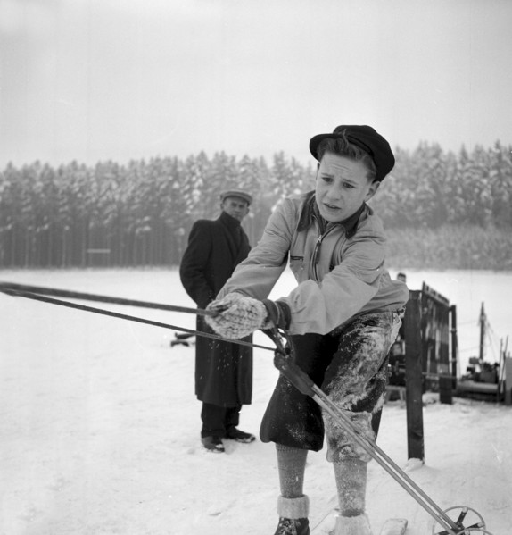 Boy at ski lift at Chalet-a-Gobet, Lausanne 1952