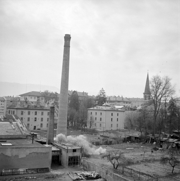 Factory chimney blasting in Geneva Grand-Pre 1954