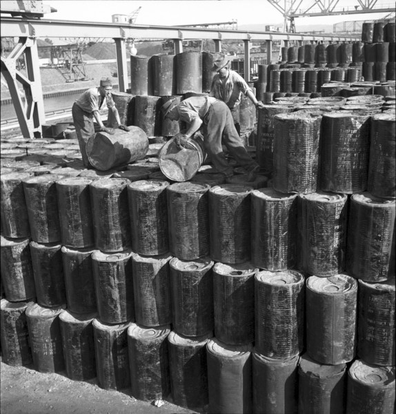 Dockers loading goods, Rhine port, Basle 1948