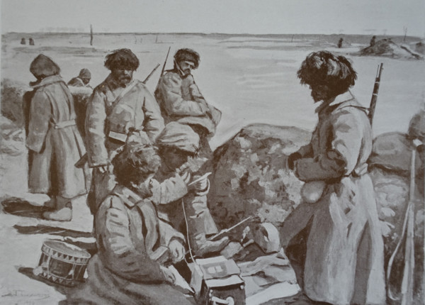 Field telephone during the battle near the village of Yuhuantun Drawing by Hugo Emil Elias Backmansson (1860-1953)