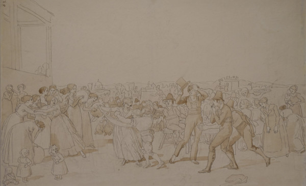 October Festival at the Foot of Monte Testaccio  in Rome  (Folk Scene) 1842   Sketch Sepia on paper