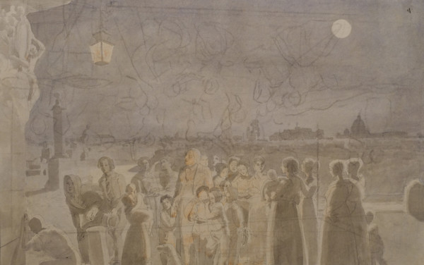 Ave Maria 1838 Sketch for the watercolour Ave Maria (Quay at Ripetta with a Corner Madonna and the crowd singing Ave Maria in front of it 1839 State Russian Museum)  Watercolour, black pencil, ink, pe...