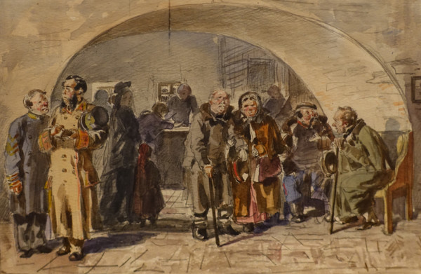 Receiving a pension 1876 Makovsky Vladimir (1846-1920) Watercolour