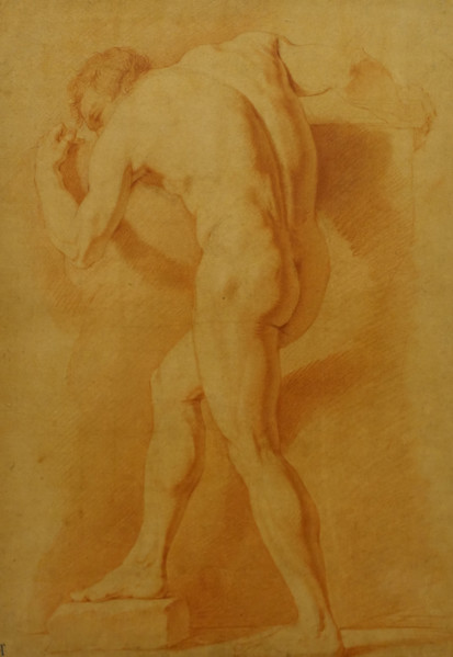 Male Model pushing a stone slab 1790s Aleksey Yegorov (1776-1851) Sanguine, stump on grey tinted laid paper