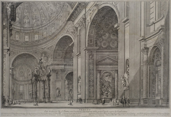 View of the interior of San Pietro with the interior of the great dome over the Place of Confession