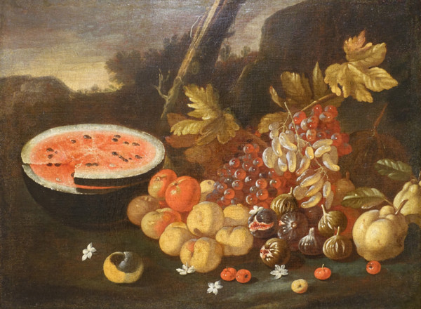 Still Life with Watermelon and fruits in a landscape