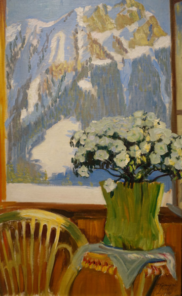 Flowers at the balcony with mountains in the background