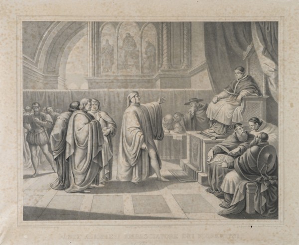 Dante Alighieri ambasciatore dei fiorentini incontra Bonifacio VIII, litografia metv† XIX secolo (Thomas et imprime par Becquet frv®res v† Paris)