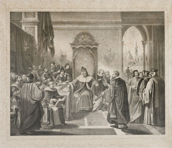 Galileo offre il suo cannocchiale al doge, litografia metv† XIX secolo (Thomas et imprime par Becquet frv®res v† Paris)