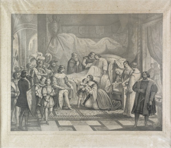 Carlo III sceso in Italia visita a Pavia l'infelice Galeazzo Visconti, litografia metv† XIX secolo (Thomas et imprime par Becquet frv®res v† Paris),