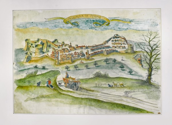 View of the village of Acquaviva Picena, watercolor, 17th century