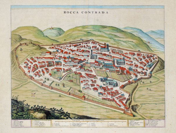 Rocca Contrada, current Arcevia, historical map of the city from the 18th century, made from a drawing by Ercole Ramazzani in 1594, watercolour engraving