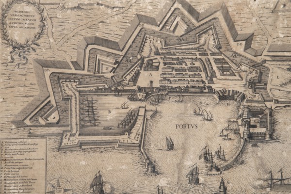 Historical engraving depicting the port and the city of Civitavecchia Centum Cellae, author of the drawing Cinthio Floro, dating 1699
