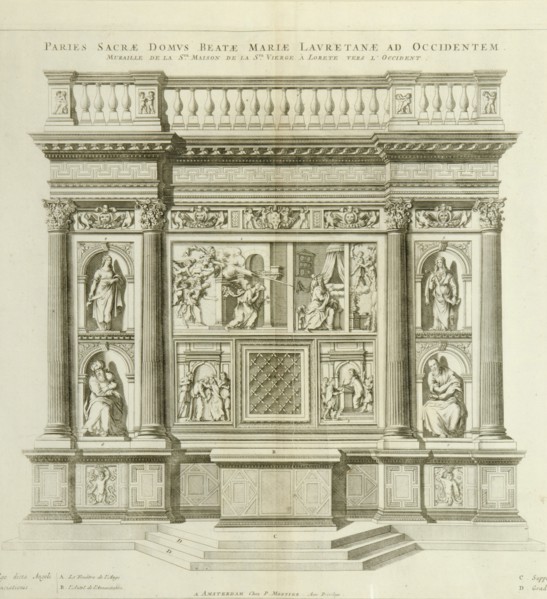 Pierre Mortier, Santuario di Loreto, incisione, XVII secolo. La parete decorativa che ricopre verso occidente la Santa casa della Vergine di Loreto