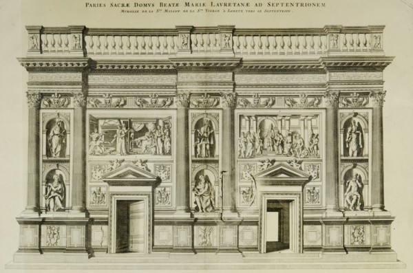 Pierre Mortier, Sanctuary of Loreto, engraving, 17th century. The decorative wall that covers the north side of the Holy House of the Virgin of Loreto.