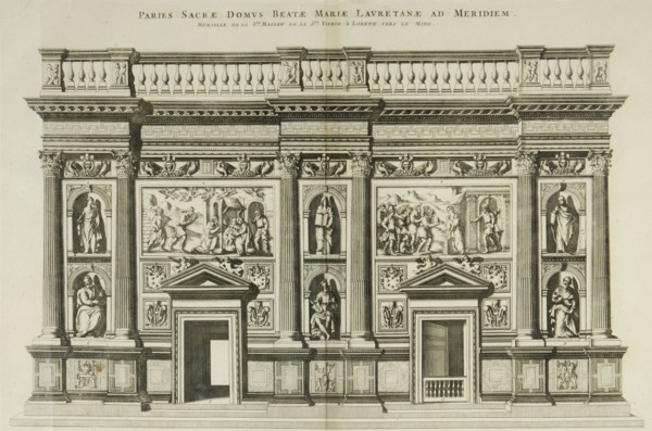 Pierre Mortier, Sanctuary of Loreto, engraving, 17th century. The decorative wall that covers the Holy House of the Virgin of Loreto to the south.