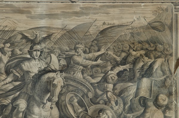 Historical engraving depicting a mythological battle scene, 17th century