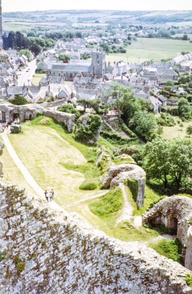 View of Corfe Castle village from the castle ruins.