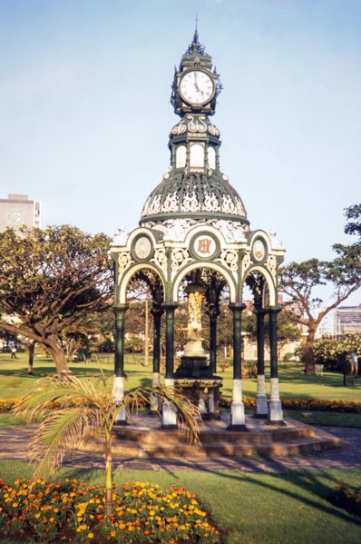 The Vasco da Gama Clock and drinking fountain, a Victorian-style iron monument, is located in the Esplanade Gardens in Durban, South Africa. The clock was erected in 1897