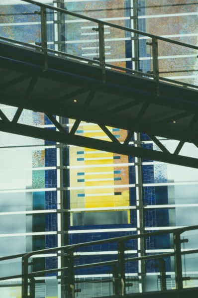 ENGLAND, Birmingham, Convention Centre, Window covered in graphics partially obscured by ramp