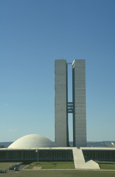 BRAZIL, Federal District, Brasilia, Palace of National Congress twin towers and dome
