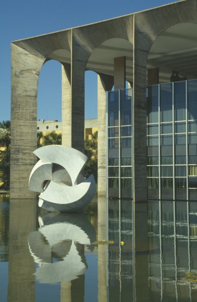 BRAZIL, Federal District, Brasilia, "Hamarati Palace housing the Foreign Office, with meteor statue