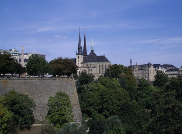 LUXEMBOURG, Luxembourg City, 17th century gothic cathedral of Notre Dame seen from Adolphe Bridge.