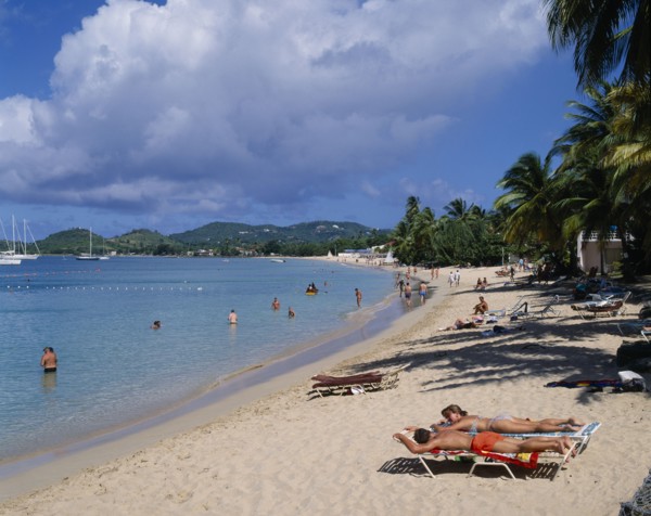 WEST INDIES, St Lucia, Reduit Beach, Sunbathers and swimmers on sandy beach lined with palm trees.