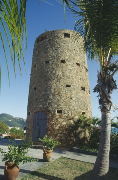 WEST INDIES, US Virgin Islands, St Thomas, Blackbeards Castle a small tower with blue door set on