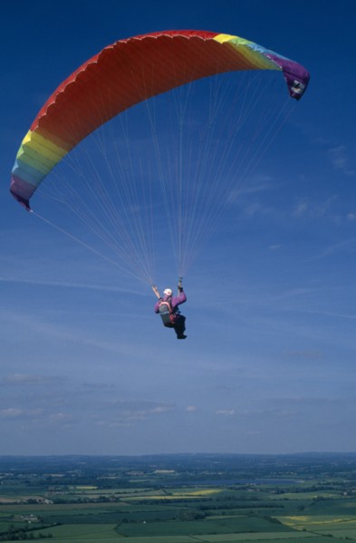 10037036 SPORT Air Paragliding Paraglider with multicoloured chute.