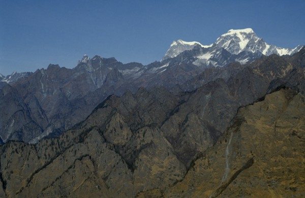 INDIA, Uttar Pradesh, Himalayas, Mountain landscape showing folds in the Himalayas and peaks and